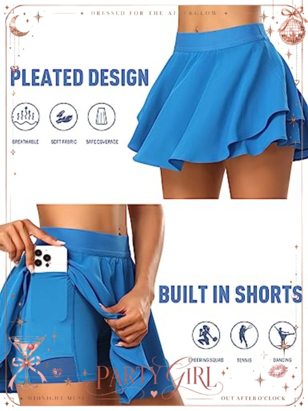 Pleated Tennis Skort with Shorts High Waisted Athletic Golf Skirt Pockets - Picture 3 of 4